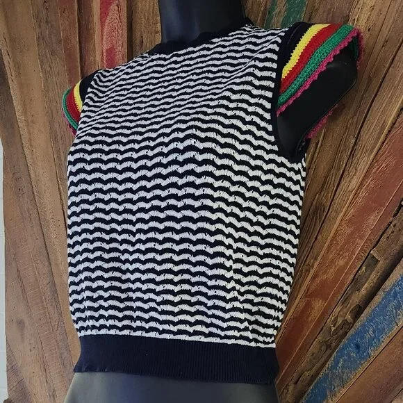 Zara striped knitted/chrochet ruffle sleeve cotton top/blouse/sweater Sz S - Picture 1 of 8